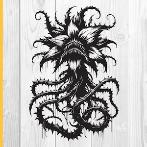 May include: Black and white illustration of a monstrous, thorny plant with a gaping maw. The plant has a menacing, grotesque appearance, with sharp thorns and a twisted, gnarled stem.