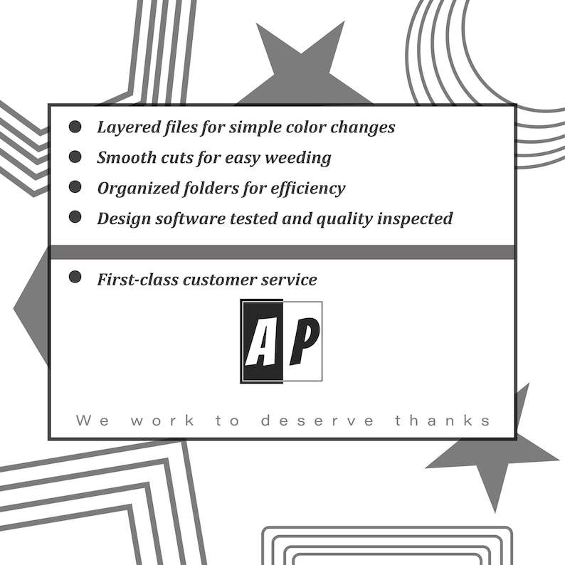 May include: A black and white logo with the letters "AP" in a bold, stylized font. The logo is surrounded by a white rectangle with a black border. The text "We work to deserve thanks" is below the logo.