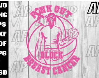Svg de voleibol, bloque rosa para cáncer de mama, clipart para Cricut, concientización sobre el cáncer svg, bandera de lucha contra el cáncer de mama svg, eps