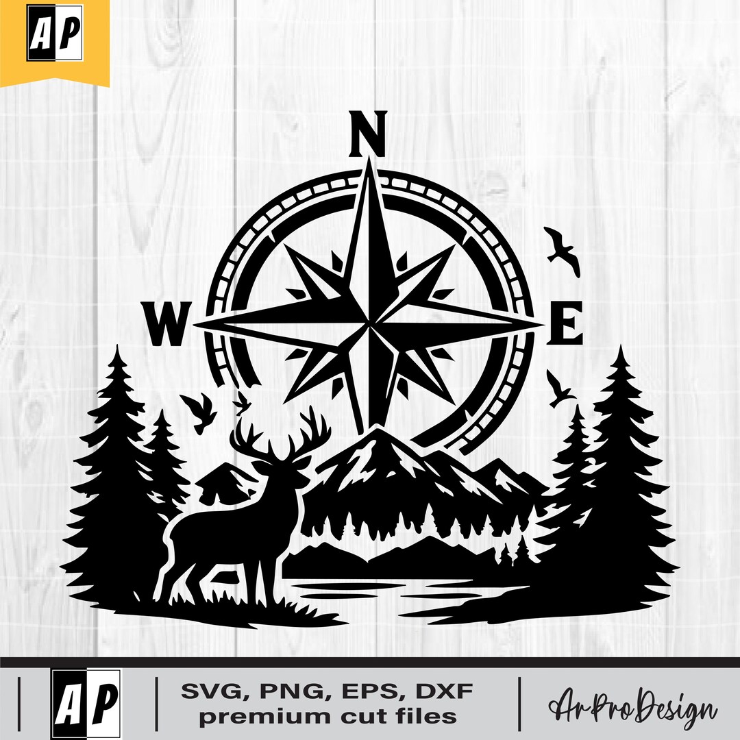 Compus With Deer Compass Deer Svg, Wilderness Compass Rose, Mountain Forest Svg, Deer ...