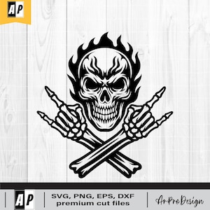 Skull Rock and Roll Svg, Rock hand sign Svg, Rock And Roll Music SVG, Heavy Metal Skeleton, Gothic Punk Skull PNG DXF Eps