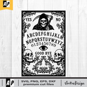 Gothic Ouija Board PNG, Grim Reaper Spirit Board Clipart, Halloween Skull PNG, Horror Alphabet Board Sublimation, Occult Digital Download