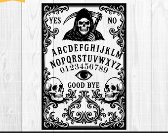Gothic Ouija Board PNG, Grim Reaper Spirit Board Clipart, Halloween Skull PNG, Horror Alphabet Board Sublimation, Occult Digital Download