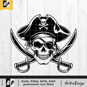 Puede incluir: Ilustración en blanco y negro de una calavera de pirata con parche en el ojo y un sombrero de pirata con espadas cruzadas detrás de la calavera.