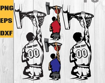 May include: Black and white silhouette of a basketball player dunking a ball. The player is wearing a jersey with the text "YOUR TEXT" and the number "00".