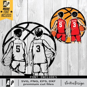 May include: A digital graphic featuring basketball players in red and white uniforms, holding basketballs. The image includes the text "YOUR TEXT" above the numbers 5 and 3. The design is set against a basketball and a basketball hoop.
