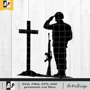 Soldier Kneeling Praying at Memorial Cross Svg, Military Kneeling at Cross Clipart, Fallen Soldier Svg, Soldier Remembrance PNG DXF EPS