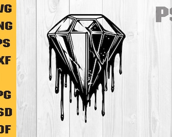 May include: A black and white illustration of a diamond dripping with black paint. The diamond is in the shape of a traditional cut diamond with many facets.