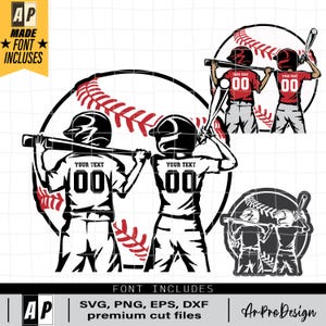 Op de afbeelding: Zwart-wit baseballontwerp met twee honkballers met knuppels en een honkbal. Het ontwerp bevat de tekst "Your Text" en "00".