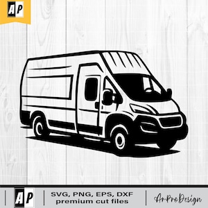 May include: Black and white vector illustration of a cargo van. The van has a rectangular body with a side door, windows, and a detailed front end. The image includes the text "SVG, PNG, EPS, DXF premium cut files" and the "Ar Pro Design" logo.
