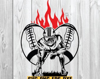 May include: Black and white silhouette of a football player in a three-quarter stance, with a football on either side forming a heart shape. Flames are above the heart.