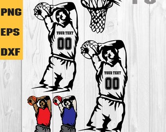 May include: Black and white silhouette of a basketball player dunking a basketball. The player is wearing a jersey with the text "YOUR TEXT 00". There is a basketball hoop in the background.