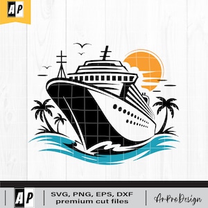 Cruise Ship SVG, Beach Vacation Clipart, Ship svg, Ocean Liner Svg, Tropical Vacation Boat with Palm Tree Scene, Ocean Summer Travel DXF EPS