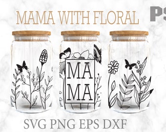 Mama with Floral and Butterfly Libbey Glass Svg, Flowers 16 oz Libbey Glass Wrap, Sublimation Design, Instant Download, SVG Files for Cricut