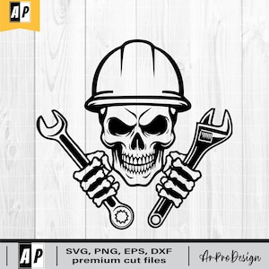 Skull Mechanic SVG PNG, Hard Hat Skull with Wrenches Clipart, Construction Tools Repair Design, Garage Worker Sublimation, Digital Download
