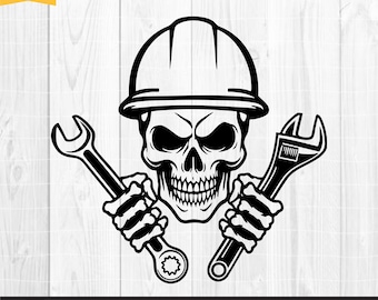 Skull Mechanic SVG PNG, Hard Hat Skull with Wrenches Clipart, Construction Tools Repair Design, Garage Worker Sublimation, Digital Download