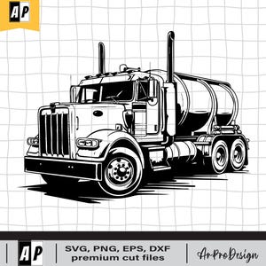 Puede incluir: Ilustración en blanco y negro de un camión de plataforma con un remolque cisterna. El camión tiene una cabina grande y un remolque largo. El camión está de frente al espectador.