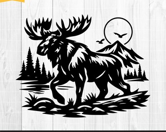 Moose Svg, Mountain Forest Moose Svg, Wildlife Nature Scene, Moose Clipart, Rustic Woodland Svg, Cricut Cut Files, Sublimation, PNG DXF EPS