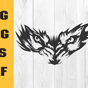 May include: Black and white graphic design of two stylized eyes with sharp, angular shapes. The eyes are looking directly at the viewer.