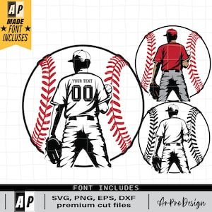 May include: Black and white silhouette of a baseball player with a baseball glove, standing in front of a red and white baseball. The player is wearing a jersey with the text "YOUR TEXT" and the number "00".