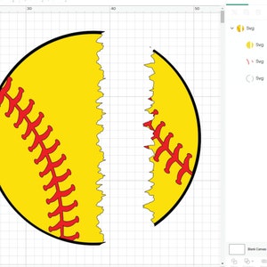 May include: A yellow softball with red stitching is cut in half. The softball is on a white grid background.