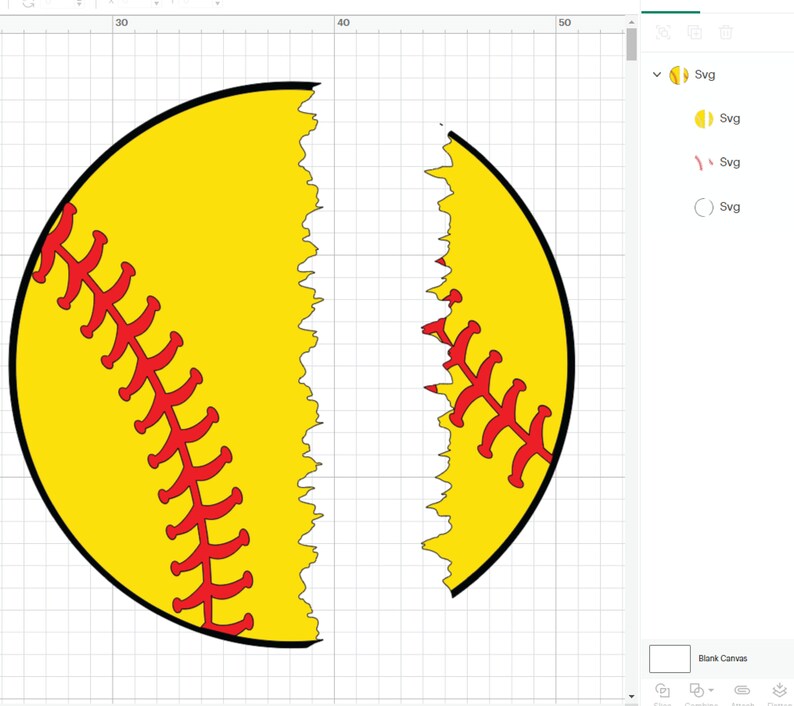 May include: A yellow softball with red stitching is cut in half. The softball is on a white grid background.