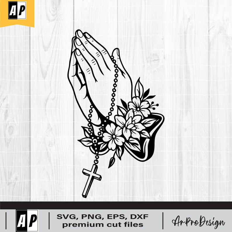 Pyaying Hand Cd R Dxf File Floral Praying Hands With Rosary SVG, Christian SVG, Floral Svg, Prayer ...