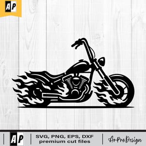May include: Black motorcycle silhouette with flames, a classic chopper design. The image includes the text "SVG, PNG, EPS, DXF premium cut files" and the logo "Ar Pro Design".