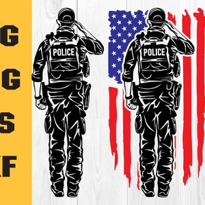 May include: Black and white silhouette of a police officer saluting in front of an American flag. The officer is wearing a police uniform with the word "Police" on the chest. The flag is red, white, and blue with a distressed look.