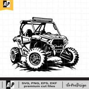 May include: Black and white silhouette of a side view of an off-road vehicle with a roll cage and a light bar on the roof. The vehicle is driving through a dirt path.