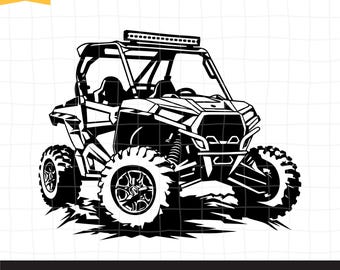 Pode incluir: Silhueta preta e branca de um veículo off-road visto de lado com uma gaiola de segurança e uma barra de luzes no teto. O veículo está dirigindo por um caminho de terra.