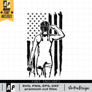 May include: Black and white silhouette of a woman flexing her bicep in front of an American flag. The woman is wearing a tank top and shorts. The text "AP MADE FONT INCLUSES" is in the top left corner of the image. The text "FONT INCLUDES SVG, PNG, EPS, DXF premium cut files" is at the bottom of the image. The text "Ar ProDesign" is in the bottom right corner of the image.