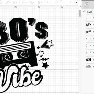 May include: Black and white graphic design with the text "80's Vibe" and a cassette tape. The design includes stars, lightning bolts, and musical notes.