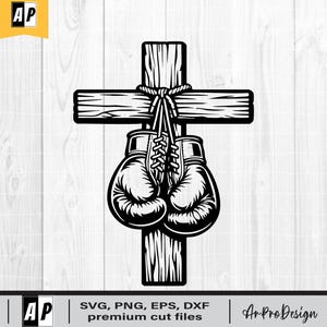 May include: Black and white graphic of a wooden cross with boxing gloves hanging from it. The cross is made of textured wood, and the gloves are detailed with laces. The image includes the text "SVG, PNG, EPS, DXF premium cut files" and the "Ar Pro Design" logo.