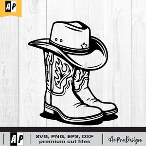 Botas de cowboy svg, Chapéu de cowboy laço de rodeio, Bota de cowgirl, Botas de cowboy svg, Clipart para Cricut, Design rústico de rodeio PNG, DXF, EPS