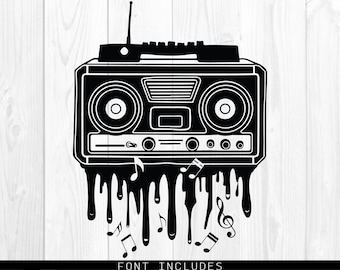 May include: Black and white silhouette of a vintage cassette player with dripping paint and musical notes. The cassette player has a rectangular shape with two round speakers and a control panel with buttons.