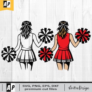 May include: Two cheerleader designs. One is a black and white outline, the other is red and black. Both hold pom-poms and wear skirts and bows. The image includes the text "SVG, PNG, EPS, DXF premium cut files" and the logo "Ar Pro Design".