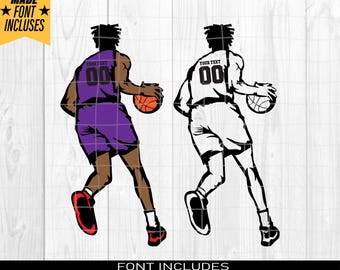 May include: Two basketball players in silhouette, one wearing a purple jersey with the number 00 and the other wearing a white jersey with the number 001. Both players are dribbling a basketball.