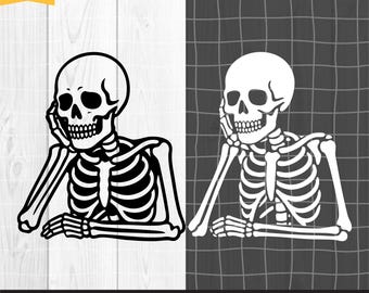 Uttråkad skelett SVG, rolig gotisk skelett PNG, väntande skelett Clipart, Halloween trött skalle SVG, Cricut silhuett skelett dekal