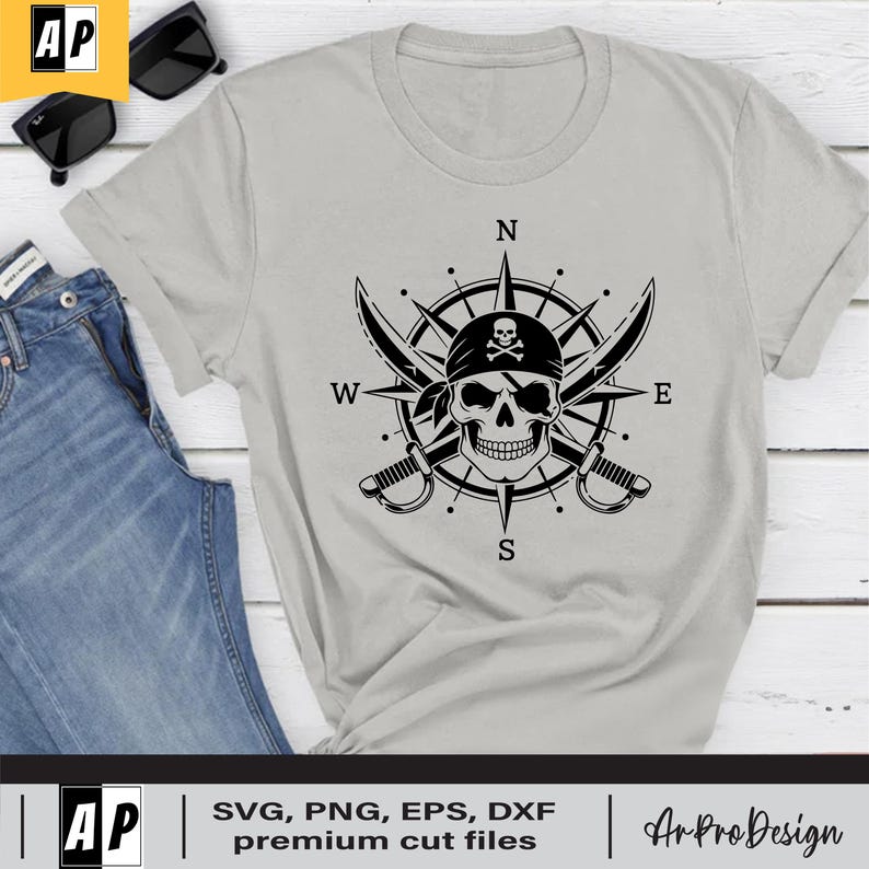 Pirate Skull Compass SVG – Nautical Jolly Roger Clipart With Swords for ...