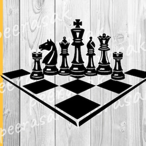 May include: Black and white silhouette of chess pieces on a chessboard. The chess pieces include a king, queen, rook, bishop, knight, and pawn. The chessboard is in a perspective view, with the bottom right corner of the board closest to the viewer.