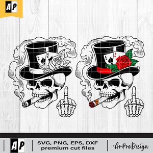 Skull Smoking Cigar SVG – Gothic pokerskelet met hoge hoed en kaarten – png DXF EPS-clipart voor tatoeages en Cricut