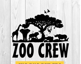 May include: Black and white silhouette design of a giraffe, elephant, lion, rhino, and a monkey in a tree with the text "ZOO CREW" below. The design is on a white wood background with the text "SVG PNG DXF EPS" below the design.