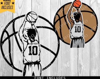May include: Black and white silhouette of a basketball player with a basketball in one hand, dunking the ball through a basketball hoop. The player is wearing a jersey with the text "YOUR TEXY" and the number "10".