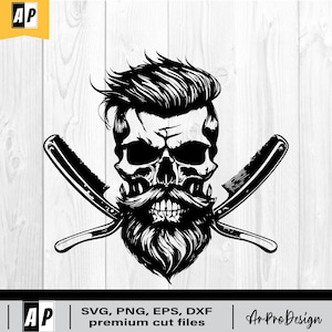 May include: Black and white illustration of a skull with a beard and a comb on each side. The skull has a hairstyle with a pompadour. The text "AP" is in the top left corner of the image. The text "SVG, PNG, EPS, DXF premium cut files" is in the bottom center of the image. The text "Ar Pro Design" is in the bottom right corner of the image.
