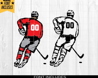 May include: Two hockey players facing opposite directions, one in red and one in white, with the number "00" on their jerseys. The players are holding hockey sticks and are on a white background.