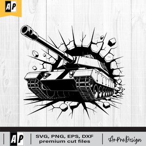 May include: A black and white illustration of a tank breaking through a wall. The tank is facing the viewer with its cannon pointed forward. The wall is made of cracked and broken pieces.