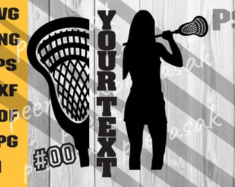 Op de afbeelding: Zwarte silhouet van een lacrosse-speler die een lacrosse-stick vasthoudt met de tekst "YOUR TEXT" links van de speler. De afbeelding is op een houtnerf achtergrond.