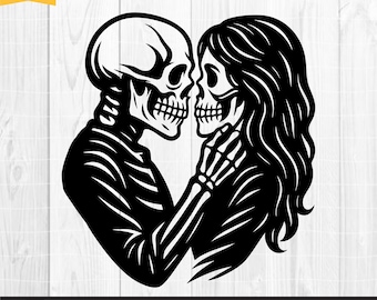 Skeleton Couple Svg, Till Death Do Us Part Svg, Gothic Love Svg, Skull Lovers Svg, Skeleton Kiss Svg, Halloween Couple Svg, Png Dxf Eps