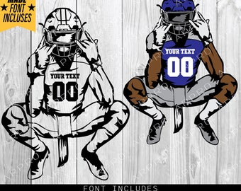 Könnte beinhalten: Zwei Schwarzweißillustrationen von Footballspielern in einer hockenden Position mit erhobenen Händen in einer Geste. Die Spieler tragen Trikots mit dem Text "YOUR TEXT" und der Nummer "00".
